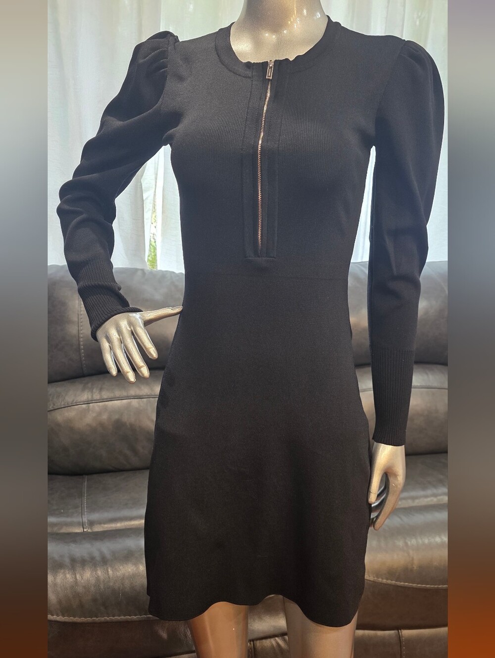 Morgan de Toi SMALL Black Knit Puff Sleeve Mini Dress Zip Neck Goth Coquette